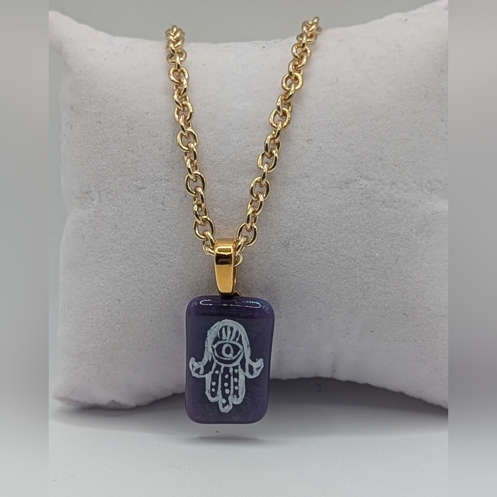 Gold Chain Necklace. Purple Evil Eye Hamsa Pendant For Protection. Hand Crafted.
